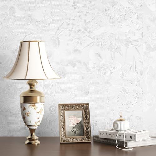 FunStick 24"x200" White Peel and Stick Wallpaper Modern Textured Embossed Vinyl White Butterfly Floral Contact Paper Renter Friendly Wallpapers for Bathroom Walls Kitchen Cabinet Wallpaper Waterproof by FunStick - Used condition - Image 8