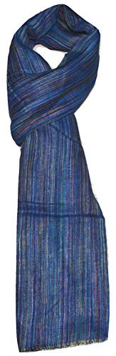 100% Pure Linen Scarf, Ikat Weave In Melange Stripes, Linen Scarf. (Multicolor Cobalt Blue) #TOP1