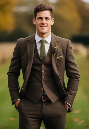 Men Suit Herringbone Tweed 3 Piece Set Slim Fit Wedding Groomsmen Tuxedo Solid Jacket Vest Pants2