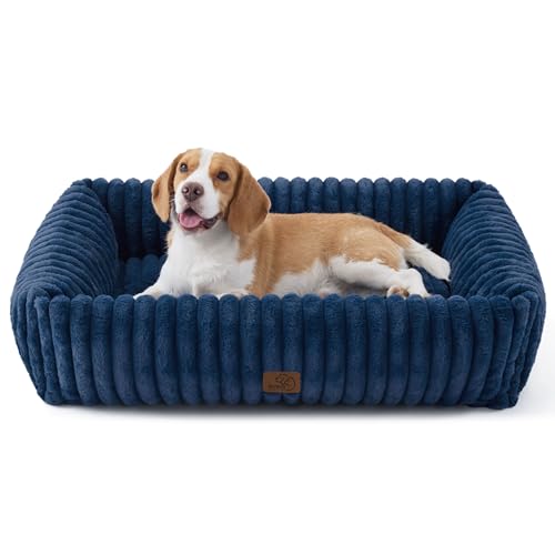 Image of Bedsure ComfyFleece Cute Dog Beds Large Sized Dog - Washable Furry Pet Beds, Rectangle Orthopedic Corduroy Fleece Puppy Beds with Removable Zipper Cover, 36x27x8 inches,Night Blue