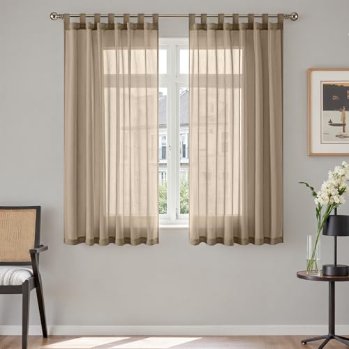 TOPICK Cortinas de Gasa con Presillas Transparente Cortina Aspecto de Estilo Moderno Bistro Casa Campo Salón Dormitorio Rústico para Ventana Marron Juego de 2 Unidades 140 x 145 cm