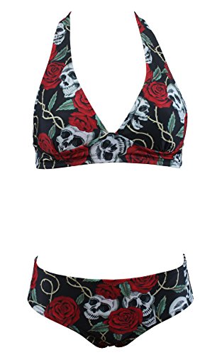 Bikini triangle vintage maillot de bain motif tête de mort rose retro