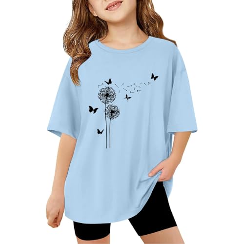 2025 - T-shirt a maniche corte per bambini per bambini estate oversize top casual girocollo t-shirt base top nuovo 6 anni ragazza, blu cielo, 13-14