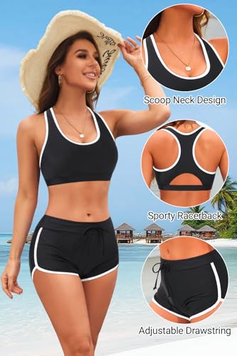 Image of Women Two Piece Sporty Bikini Set Athletic Swimsuits with Boy Shorts Bottom | Racerback, Crop top, Drawstring, Bathing suits, Mid Rise, Padded bra, Full lining, Scoop neck, Full coverage
