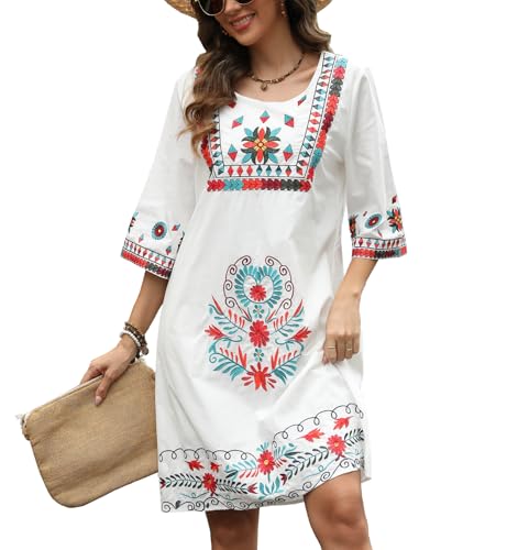 Image of Higustar Mexican Embroidered Dress Summer Cotton Bohemian Flower Peasant Traditional Mexico Fiesta Boho Dresses for Women