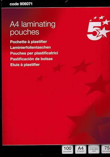 5 Star Office Laminating Pouches 150 Micron for A4 Glossy (Pack 100)