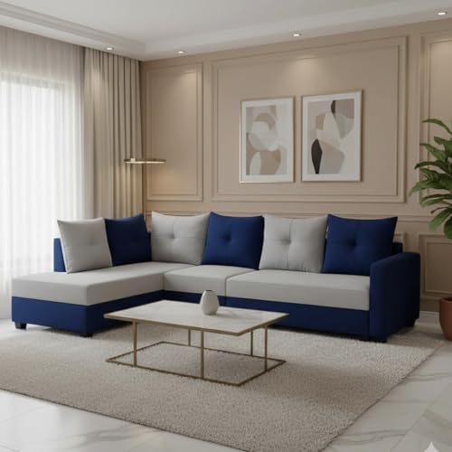 Image of SOCOZI Oriana 6 Seater LHS L Shape Sofa Set | Soft Velvet Suede Fabric | Modern Design | Plush Comfort Cushions for Living Room (Light Grey- DarkBlue)