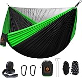 Camping Hammock, Portable Hammocks with Mosquito Net,Lightweight Nylon Parachute Hammock with 10ft Tree Straps,Camping Gear Must Haves for Travel Hiking Backpacking Beach Patio Black& Green