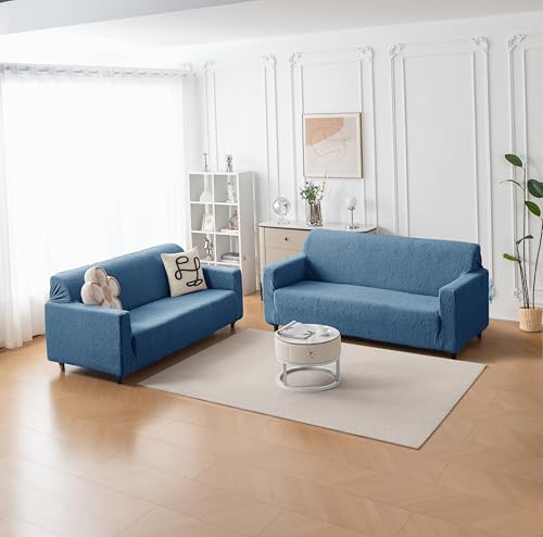 Image of House of Quirk Universal Jacquard Fabric Sofa Cover - Soft, Stretchable Couch Slipcover for 5-Seater (3+1+1), Flexible Fit, Wrinkle-Resistant & Easy to Clean (Blue)