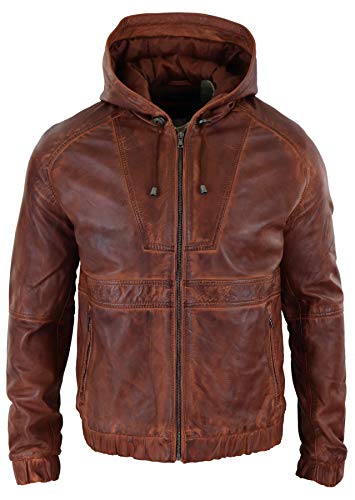 Mens Real Leather Hood Bomber Jacket Tan Brown Black Zipped Tailored Fit Casual - Tan M