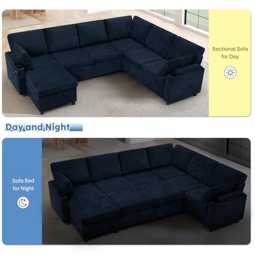 Image of 110 inch Chenille Reversible Sectional Sofa w /Pull Out Bed & Storage Chaise, U Shaped Couch w /Storage Armrests & Cup Holders,Corner Sofa w /USB Charging Port & Throw Pillow for Living Room, Blue