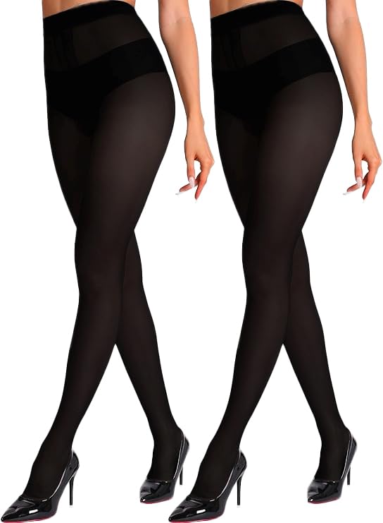 Image of HONENNA Sheer Tights for Women 2 Pairs Ultra Thin Reinforced T Crotch Control Top Pantyhose Stockings