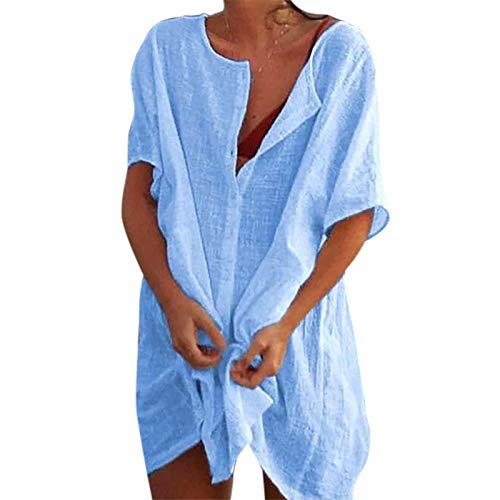 Maillot De Bain Transparent Femme HYUET Robe De Plage Femme Été Paréo Tunique Robe De Plage Courte Col V Avec Bouton Kimono Cache-Maillots Maillot De Bain Bikini Cover Up Grande Taille Beachwear