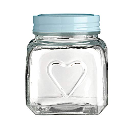 Premier Housewares Stylish Embossed Heart 900Ml Glass Jar With Aqua Blue Lid | Functional Glass Jar For Kitchen Storage | Airtight Lid Glass Jars For Storing Ingredients