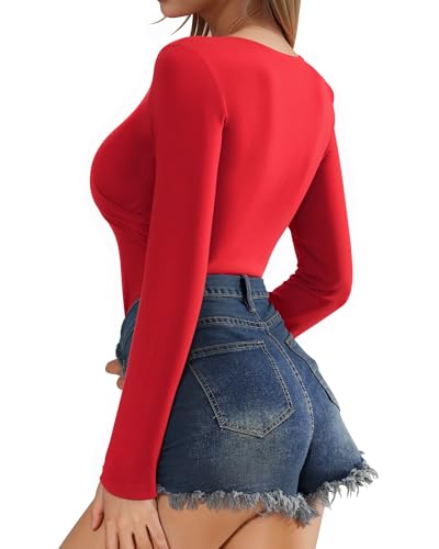 Image of MANGOPOP Women's Cross Wrap Ruched Plunge Neck Deep V Long Sleeve Short Sleeve Bodysuits, B Long Sleeve Red, Large