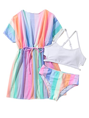 Milumia Girl's 3 Piece Bikini Sets Tie Dye Spaghetti Strap Swimsuit with Coverups