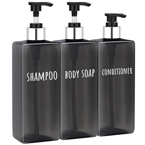 Image of Segbeauty 16.9oz Empty Black Hand Soap Dispensers, 3pcs Large Plastic Lotion Pump Bottle, Refillable Square Pump Bottles for Shampoo and Conditioner, 500ml Pre-printed Bathroom Body Wash Gel Container