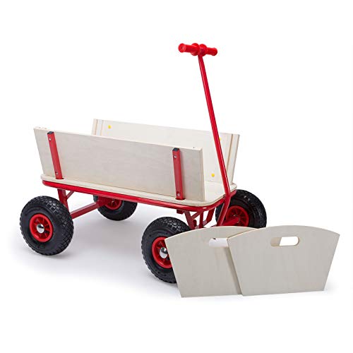 MONZANA® Bollerwagen Holz bis 180 kg mit Dach Luftreifen Stabil Robust Stahl Allround Handwagen Gartenwagen Strandwagen Leiterwagen Transportwagen Rot – Bild 5