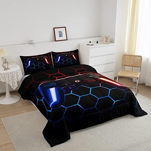 Gaming Comforter Sets for Boys Kids Gamer Bedding Sets Twin Size,Teens Gradient Indigo Red Game Controller Down Comforter Bedroom Decor Hippie Geometric Honeycomb Quilted Duvet + 1 Pillow Sham 2 41UNqNf0 AL. AC
