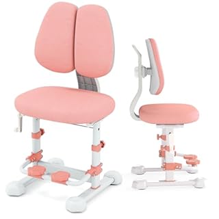LIFEZEAL Sedia Scrivania Cameretta, Sedia Bambini, con Doppio Schienale Ergonomico, Poggiapiedi, Poltrona Imbottita, Altezza e Profondità Regolabili, Studiare, Max100 kg, 41x57x81-103 cm (rosa)