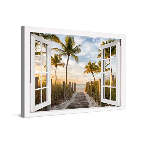 PICANOVA � Cuadro sobre Lienzo Palm Path to The Sea Window 120x80cm � Impresi�n En Lienzo Montado sobre Marco De Madera (2cm) � Disponible En Varios Tama�os � Colecci�n Playas
