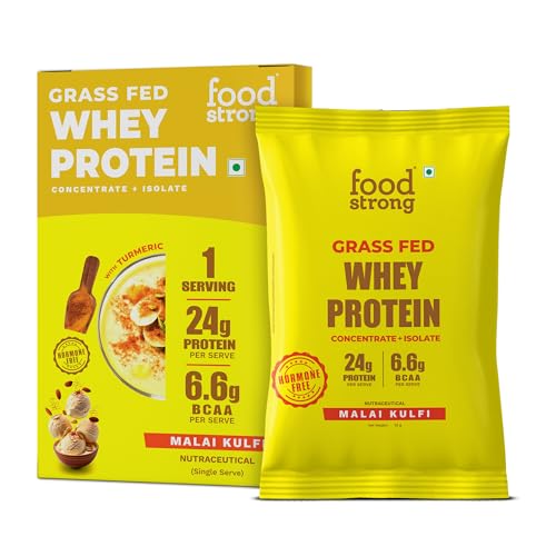 Image of Foodstrong Whey Protein Powder (Concentrate + Isolate), 100% Hormone Free Grass-Fed Whey, 24G Protein & 6.6G BCAA, Malai Kulfi, With Turmeric & Digestive Enzymes, 35G