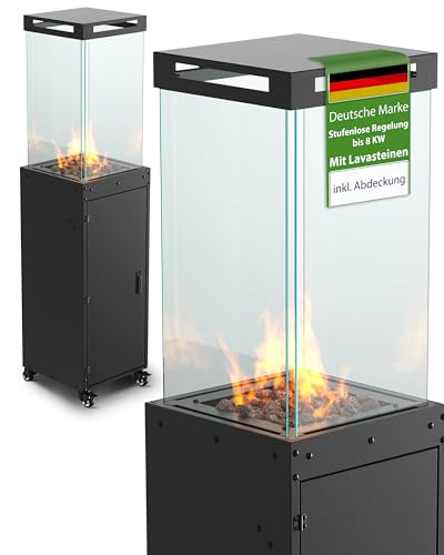 Gartenzeit® Gas-Terrassenheizer mit Glaszylinder – Maße 36 × 36 × 140,5 cm - 8 kW Heizstrahler Gas für Terrasse & Garten/Heizpilz mit Kippschutz & Flammensensor/Gaskmin, Gasstrahler, Wärmepilz