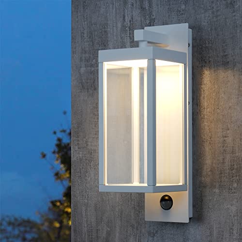 Inowel PIR Sensor Outdoor Wall Sconce Exterior IP54 Waterproof Motion Sensor Classic Wall Light Fixture Kit LED Wall Mount Lamp Lantern Light for Porch Entryway 13W 750Lm 3000K, White with Sensor