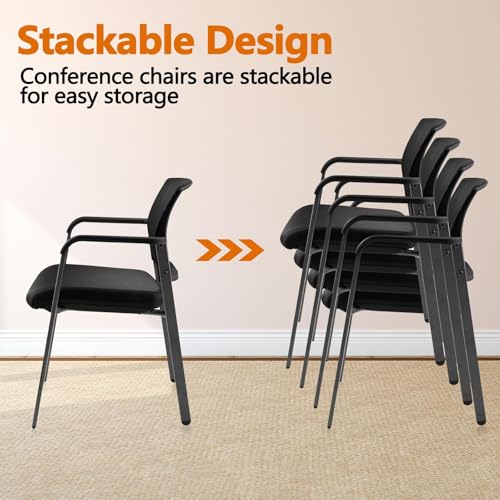 Image of CLATINA Guest Reception Stacking Office Chairs with Arm, Mesh Back Waiting Room Chair with Upholstered Fabric Seat and Ergonomic Lumbar Support for Office Conference School Church, Black-2 Pack