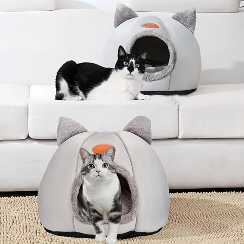Katzenbett große Katzenhöhle Katzenhaus Indoor mit abnehmbarem Katzenkissen,Katzen Bettchen waschbar, grau