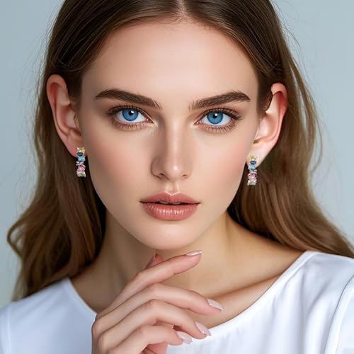 Silver Hoop Earrings for Women Colorful Crystal Cubic Zirconia Earrings Rainbow Chunky Half Hoops for Birthstone Jewelry3