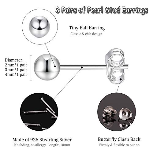 EPIRORA Sterling Silver Stud Earrings for Women- 3 Pairs Tiny Ball Stud Earrings Round CZ Cubic Zirconia Earrings Pearl Earrings Set Cartilage Small Tragus Earrings(2mm,3mm,4mm)2