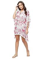 SOURBH Women's Faux Georgette Flower Printed Western Kaftan Beachwear Dress Swim Suit Bikini Boho Body Cover-ups (SK424-Red, White-Free Size)