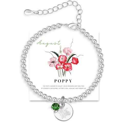 FENNELISA August Popppy Birthflower Bracelet Gift,August Birthstone Bracelet for Women Girls with Birthday Card Friendship Gifts for Women Mum Daughter Sister Grandma