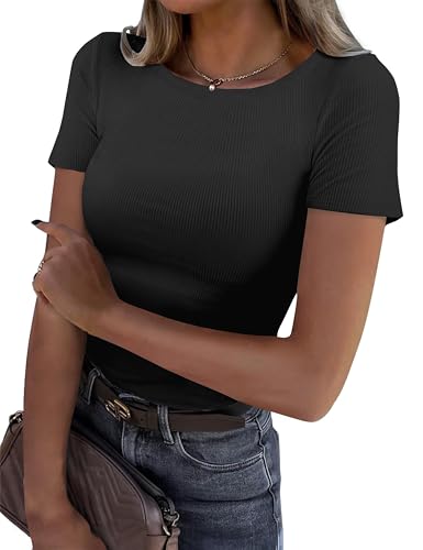 GKBK Womens Short Sleeve Tops Crew Neck Ribbed Slim Fitted Tight Layering Top Basic Tee Shirts Cute Summer Tops Casual Spring Outfits 2026 Trendy Black