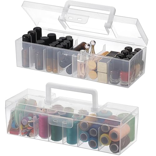 Image of JUXYES Pack of 2 Clear Plastic Storage Bin with Lid and Handle, Portable Storage Box with 7 Compartments, Semi-Transparent Organizer Box for Embroidery and Sewing Threads, Crafts, Fly Tying Chenille