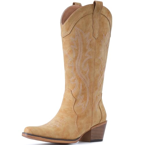 Image of IUV Cowboy Boots For Women Western Cowgirl Boots Mid Calf Snip Toe | Chunky Heel Ideal for low insteps