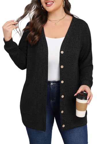 Lastshe Women's Plus Size Cardigan Sweaters Button Down Long Sleeve Fall Cardigans Knit Outwear with Pockets — view 2
