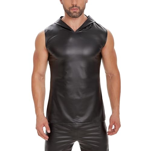 Débardeur à capuche en cuir brillant homme stretch style club