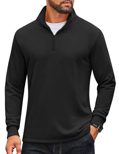 COOFANDY Men's Quarter Zip Pullover Mock Neck Quilted Sweatshirt Lightweight Slim Fit Casual Long Sleeve Polo Shirt Black