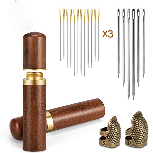 RELIAN 2pcs Wooden Needle Case Sewing Needle Tubes 36pcs Self Threading Needles ,4 Pieces Large-Eye Leather Stitching Needles and 2pcs Adjuestable Thimbles