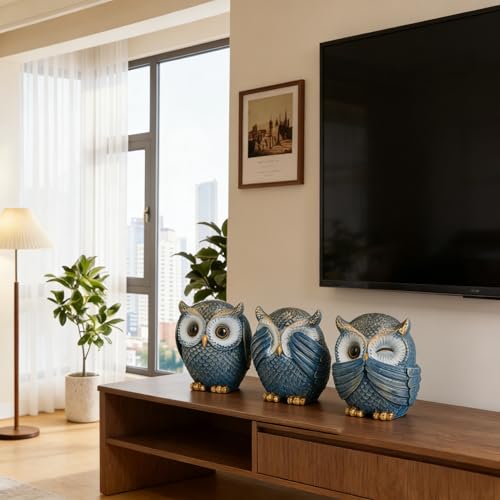 Juego de 3 Búhos Decorativos para Hogar Azul miniatura 7