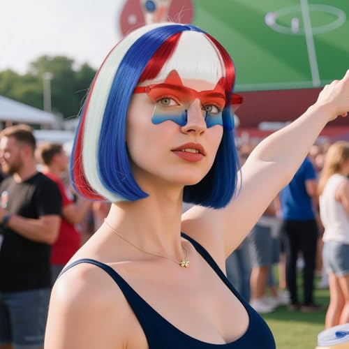 Image of ANOGOL Hair Cap+ (Sunglasses) Blue Red and White Bob Wig 4th of July Wig Synthetic Hair Short Patriotic Wigs for Independence Day Blue Red White Flag Wigs for Halloween Party Costume Outfit