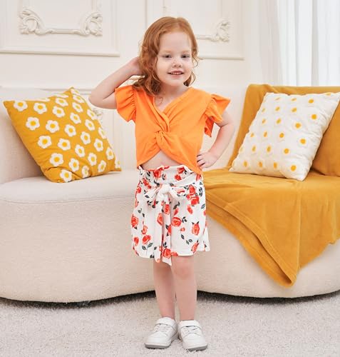 Image of Axumity Toddler Girl Clothes Outfits Tropical Print Short Sleeve Top + Floral Shorts 2PC Summer Clothing Set(7-8T)
