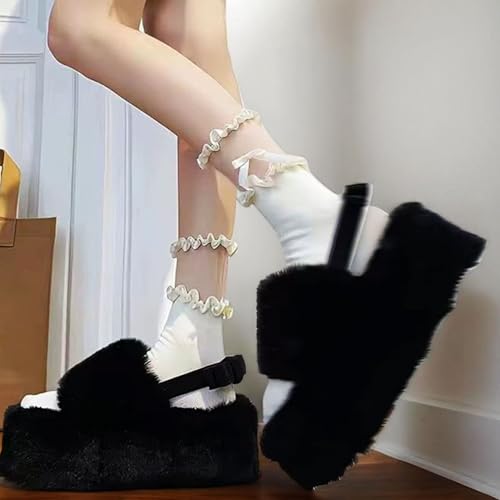 Image of Women's Ruffle Socks, 3 Pairs Lace Cuff Crew Bow Socks Cotton Frilly Calf Socks for Girls Women