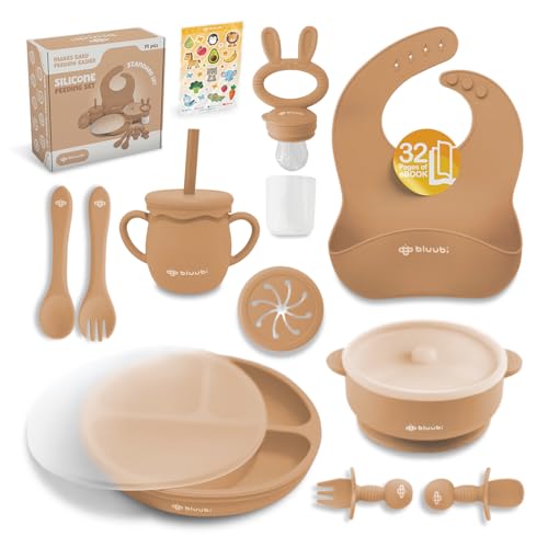 Image of Bluubi Silicone Baby Feeding Set - Infant Tableware for First Foods & Baby, Led Weaning (0+ Months), Easy to Clean, Durable, Perfect for Baby Boy or Girl, Solid Feeding - Ocre - Standard