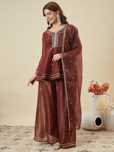Image of MOKOSH Women's Silk Embroidery Peplum Kurta Sharara with Dupatta | Anarkali Kurta Set | Sweetheart Neck Full Sleeve Ethnic Suit | 3 Piece Outfit | Indian Kurta Outfit With Sharara