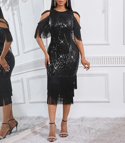 Image of Cololura Sexy Elegant Women Sequin Long Sleeve Tassel Bodycon Midi Dress Party Evening Gown Formal Dress