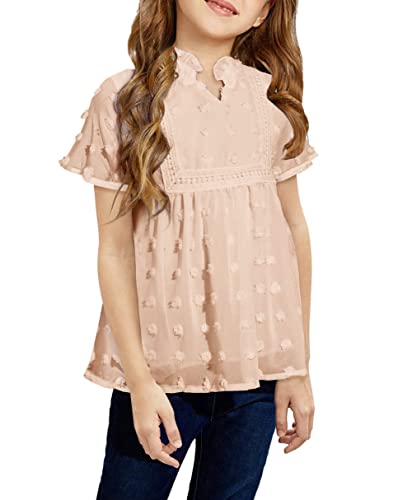 Girls Summer Short Sleeve Tops Cute Dot Chiffon Blouse V Neck Loose Shirts Soft High Waist Lovely Children Tops Beige #TOP20