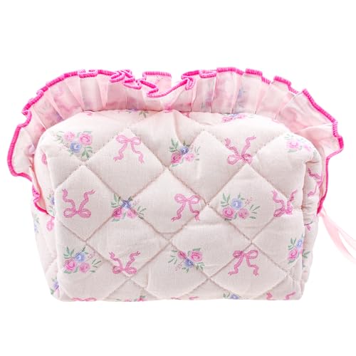 Arvintas Quilted Makeup Bag, Cute Pouch Travel Toiletry Period Bag, Pink bow Zipper Make Up Pouch for Women Girls (Style 2)